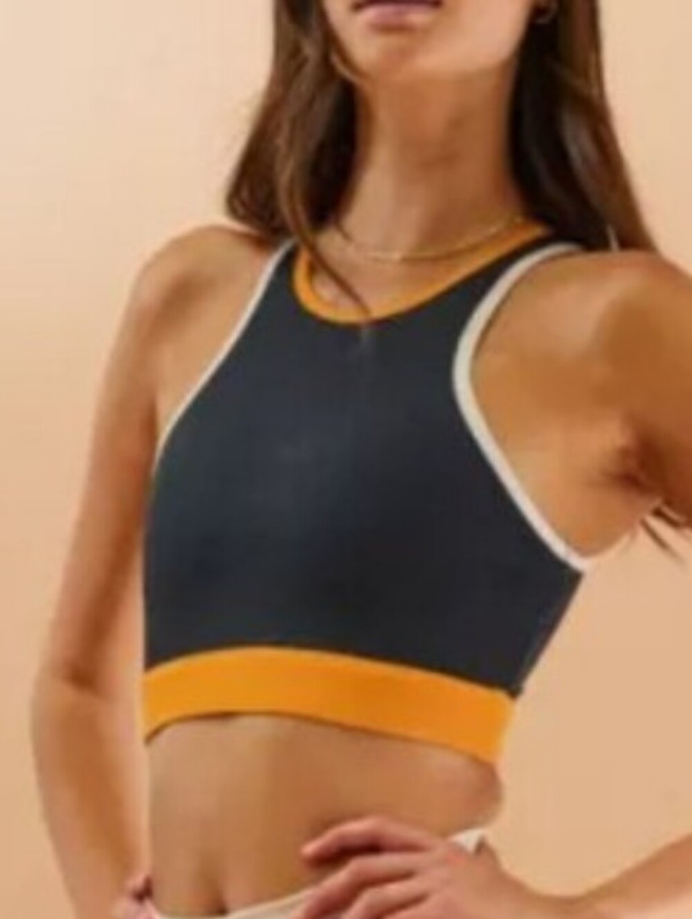 WILO THE LABEL Sz S Contrast Racer Sports Bra Black Orange High Neck
